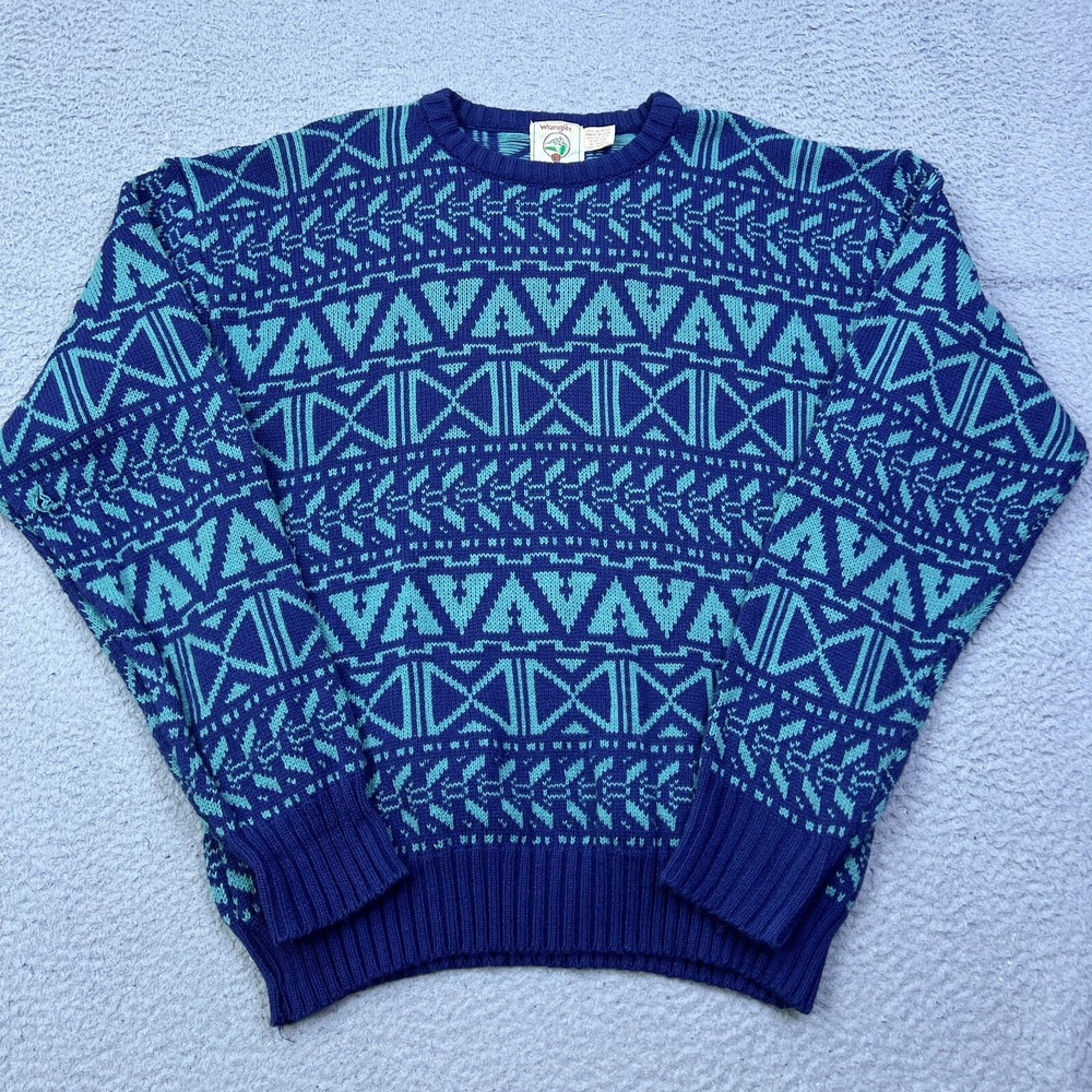 VTG Wrangler Sweater Men's Large Blue Geometric Stripe Retro Knit Crew Pullover